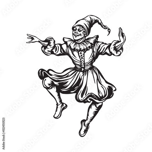 Dancing medieval jester stock image vector isolated on white background.