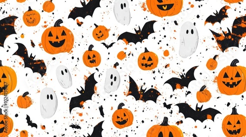 Seamless Halloween Pattern with Bats, Pumpkins, and Ghosts on White Background