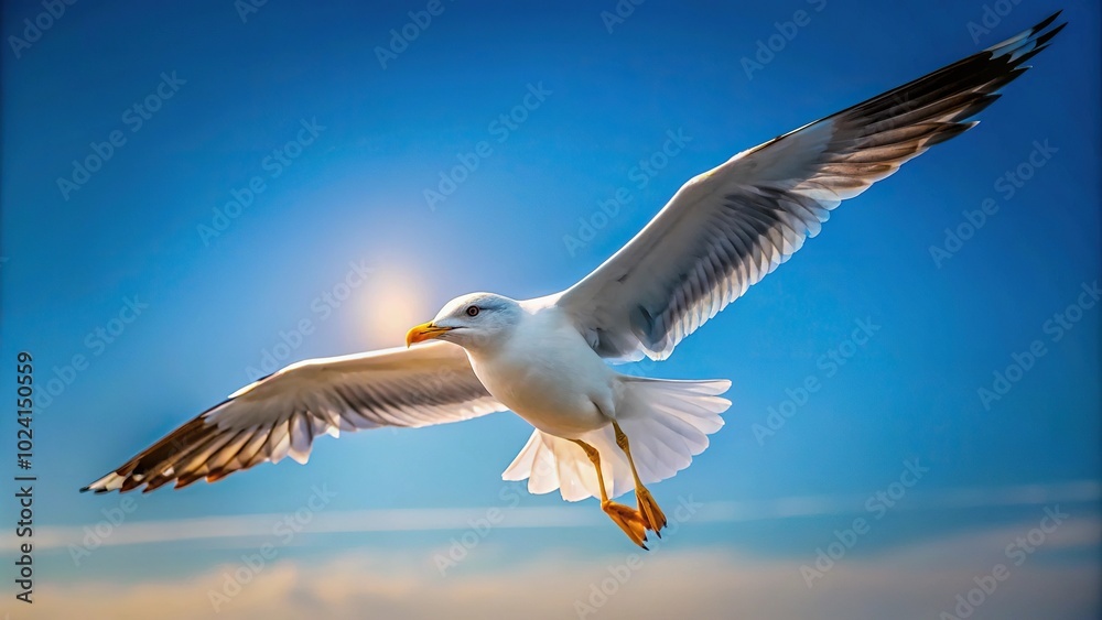 Low angle soft focused seagull flying against gradient blue sky background Low angle soft focused seagull flying against gradient blue sky background