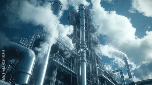 Industrial Plant with Pipes and Steam Under Cloudy Sky photo