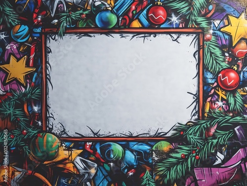 An urban Christmas street art background featuring a large blank frame surrounded by spraypainted holiday icons like Christmas trees photo