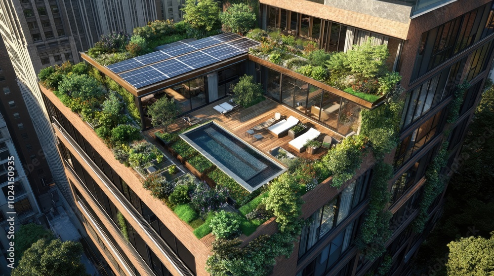 Green Rooftop with Solar Panels on Urban Skyscraper Green Rooftop with Solar Panels on Urban Skyscraper