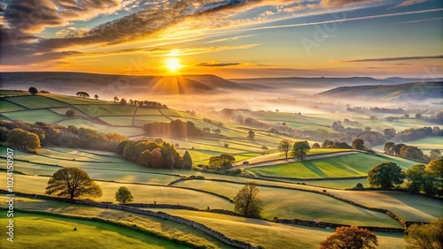 Low angle sunrise over fields and countryside in the Aire Valley above Cononley near Skipton, North Yorkshire photo