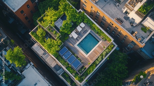 Green Rooftop with Solar Panels on Urban Skyscraper