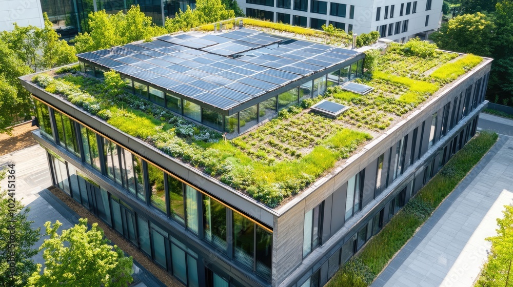 Green Rooftop with Solar Panels on Urban Skyscraper Green Rooftop with Solar Panels on Urban Skyscraper