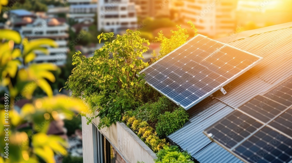Fototapeta premium Green Rooftop with Solar Panels on Urban Skyscraper