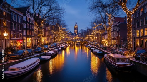 Amsterdam Netherlands canals with Christmas lights during December, canal historical center of Amsterdam at night. Europe