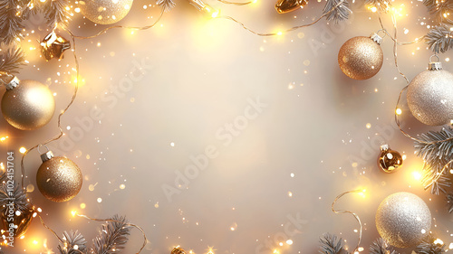 Festive Christmas decorations featuring golden and silver ornaments, pinecones, and twinkling lights.  create warm holiday atmosphere. The warm, sparkling background 