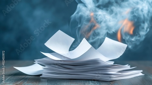Burning papers with smoke rising, on a wooden surface, dramatic lighting.