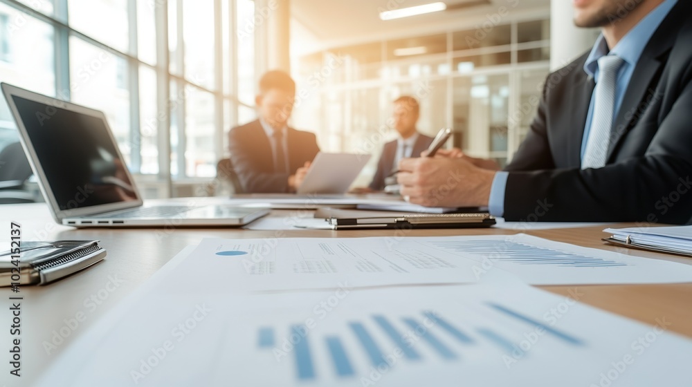 Business meeting with professionals discussing data and graphs in a modern office. Business meeting with professionals discussing data and graphs in a modern office.