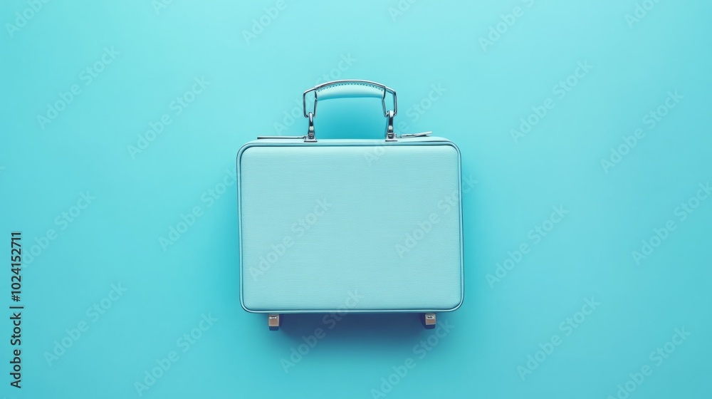 A light blue suitcase on a blue background. A light blue suitcase on a blue background.