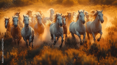 A herd of white horses runs through a field at sunset, kicking up dust and creating a magical scene.
