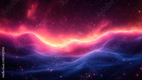 Abstract background with a wavy, glowing, red and blue nebula in a dark space with stars.