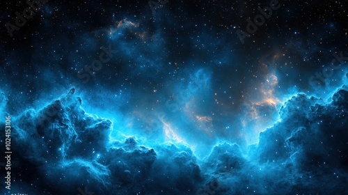 A breathtaking view of a blue nebula with glowing stars and gas clouds.