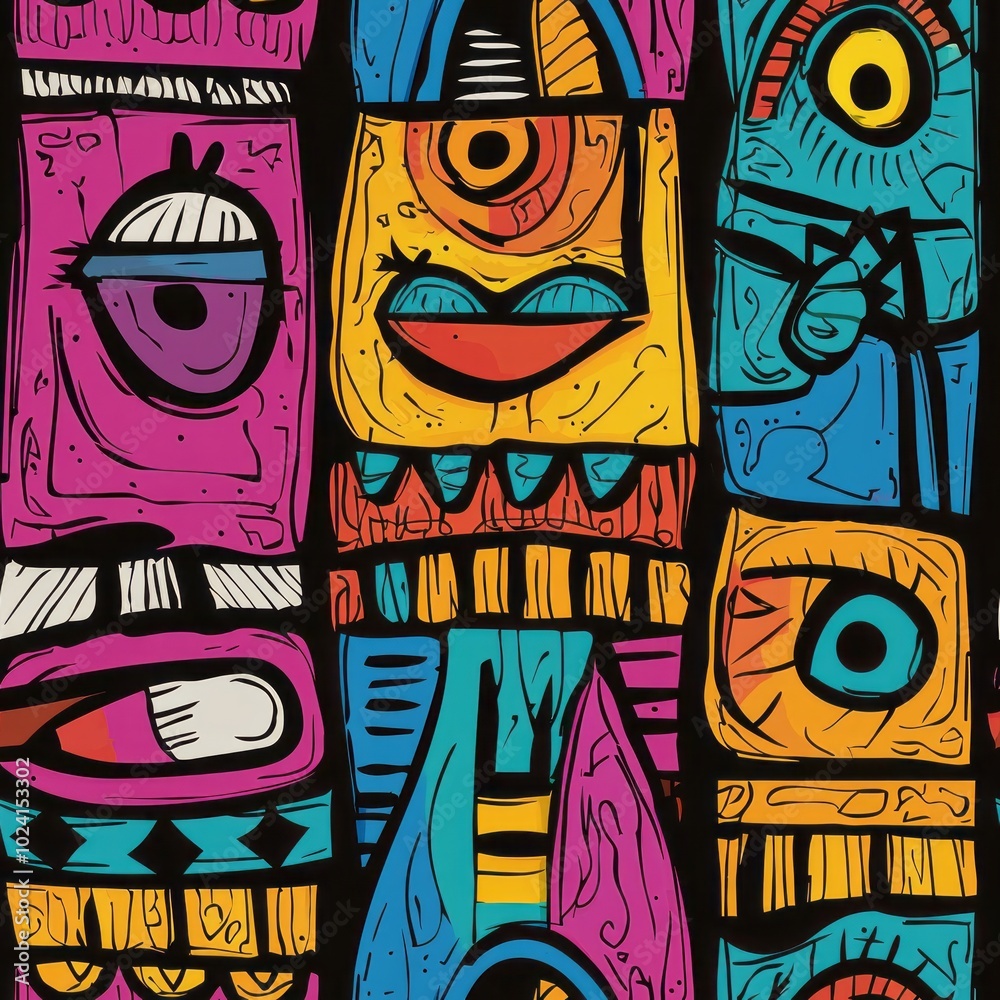 Obraz premium seamless pattern of mystical totems with vibrant tribal designs