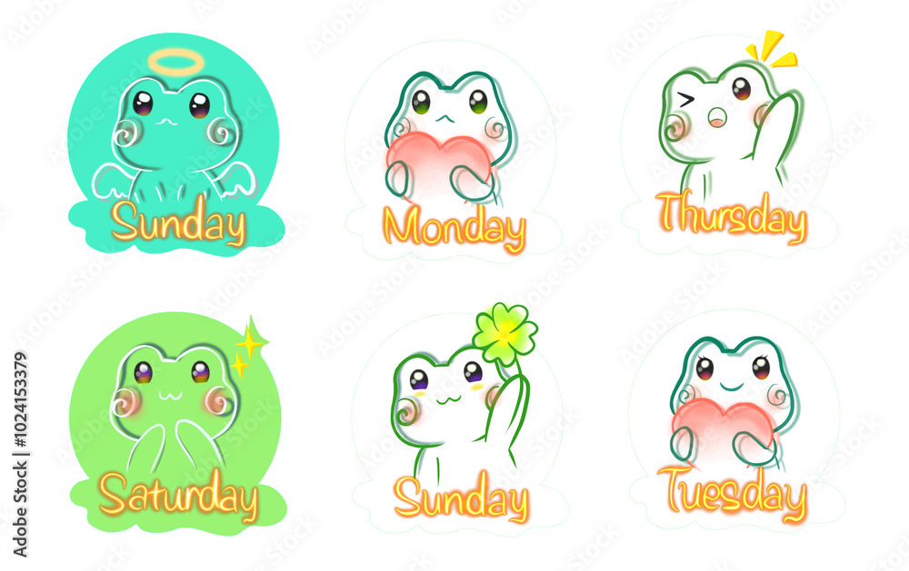 Obraz premium Cute frogs Sticker and icon with days of the week