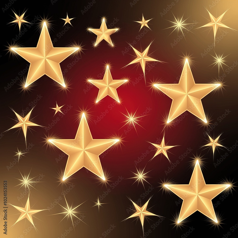 Obraz premium Shiny, glowing golden stars create a celebratory and luxurious seamless background pattern on a rich dark red gradient.