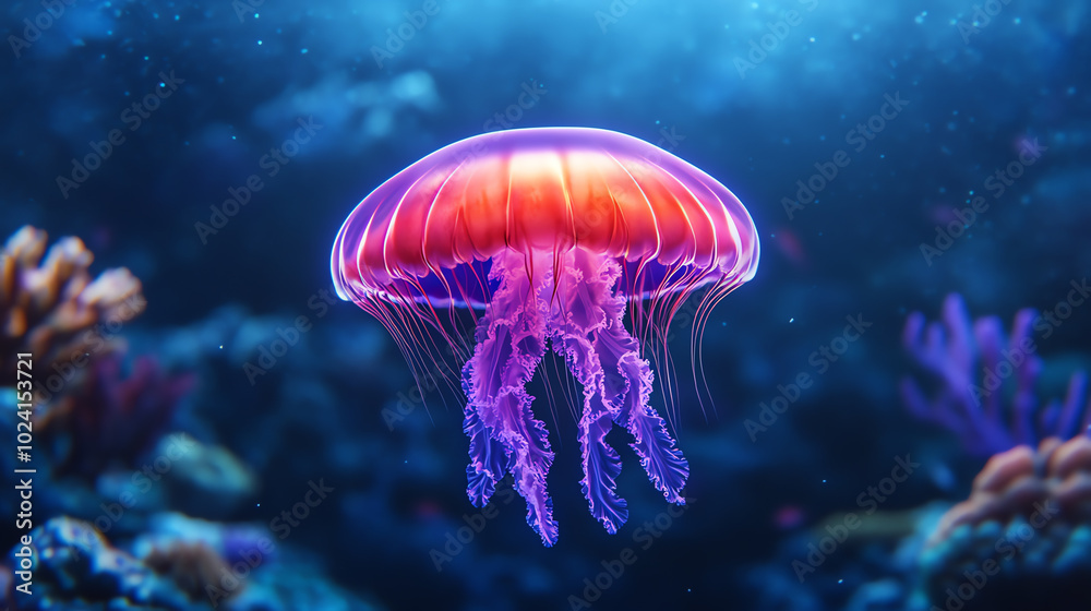 A stunning jellyfish gracefully floating in the ocean, showcasing vibrant colors against a serene underwater backdrop, capturing the beauty of marine life. A stunning jellyfish gracefully floating in the ocean, showcasing vibrant colors against a serene underwater backdrop, capturing the beauty of marine life.