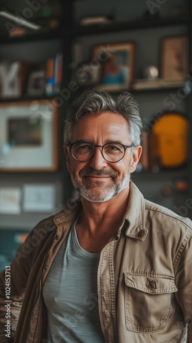 portrait of smiling middle aged man with glasses standing in home office