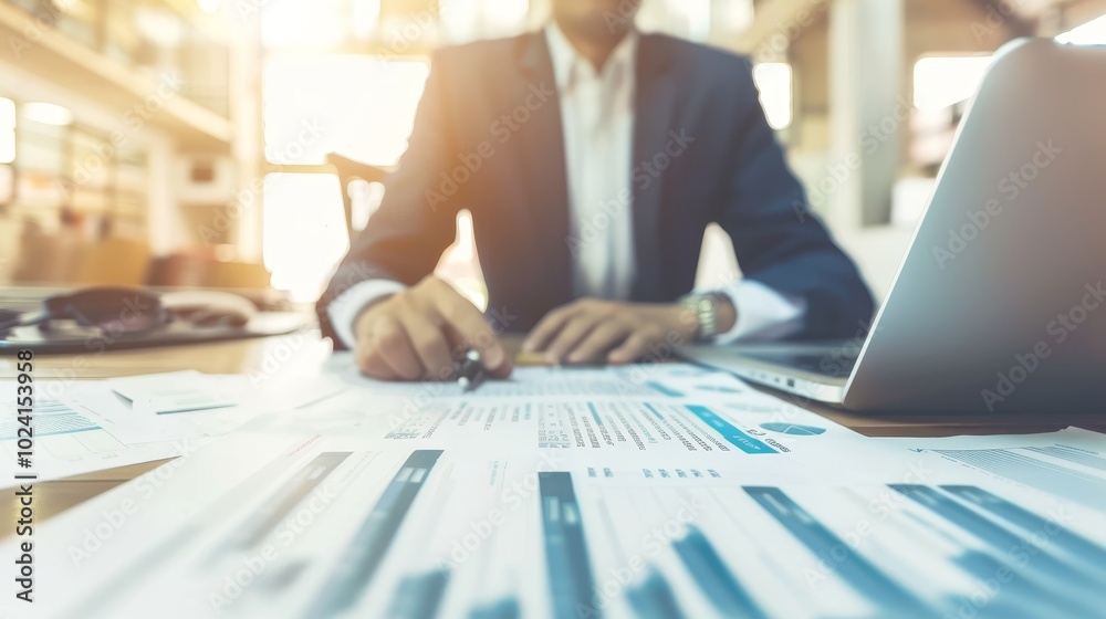 Focused businessman at desk with financial documents and laptop displaying earnings reports, conveying determination and attention to financial data analysis. Focused businessman at desk with financial documents and laptop displaying earnings reports, conveying determination and attention to financial data analysis.