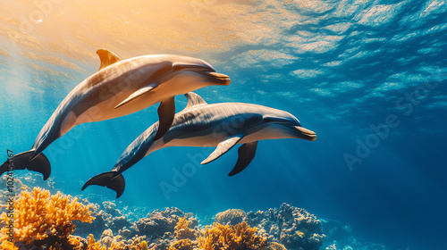 Two dolphins swimming gracefully underwater, surrounded by vibrant coral reefs and illuminated by sunlight filtering through the ocean surface. photo