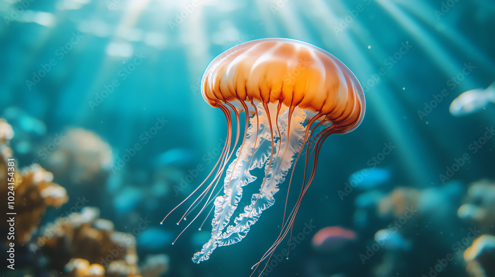 A vibrant jellyfish gracefully swimming in clear blue ocean waters, illuminated by sunlight filtering through the surface, creating a serene underwater scene. A vibrant jellyfish gracefully swimming in clear blue ocean waters, illuminated by sunlight filtering through the surface, creating a serene underwater scene.