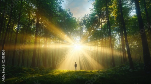 A person standing in a forest with sunlight streaming through the trees, symbolizing the light of abundance.