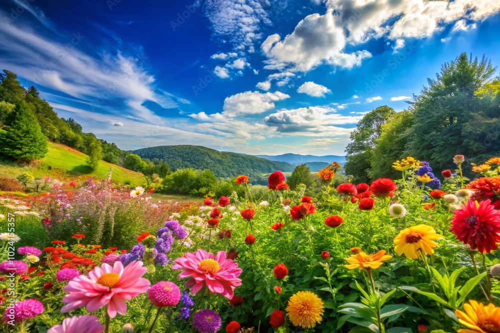Stunning Nature Landscape with Vibrant Flowers and Lush Greenery Under a Clear Blue Sky Perfect for Outdoor Stunning Nature Landscape with Vibrant Flowers and Lush Greenery Under a Clear Blue Sky Perfect for Outdoor