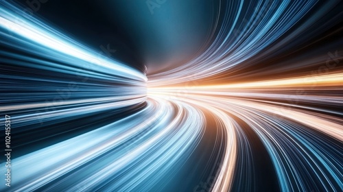 Dynamic light trails in blue and orange, abstract motion on dark background.