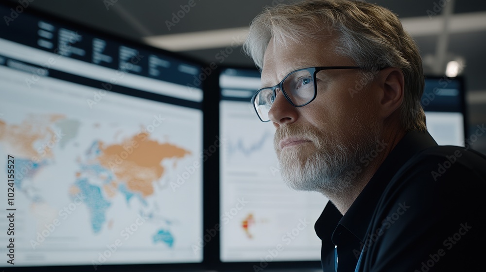 Focused man analyzing data on multiple screens in a modern office environment. Focused man analyzing data on multiple screens in a modern office environment.