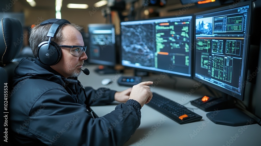 Focused male operator working with multiple computer screens in a control room. Focused male operator working with multiple computer screens in a control room.