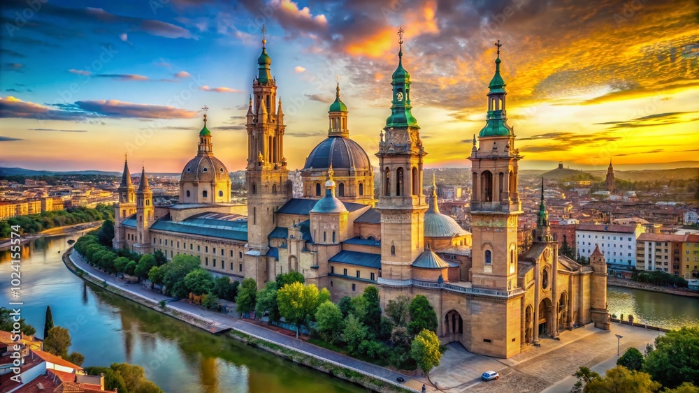 Obraz premium Stunning Panorama View of Basilica de Nuestra Senora del Pilar from Torre del Pilar in Zaragoza, Spain -