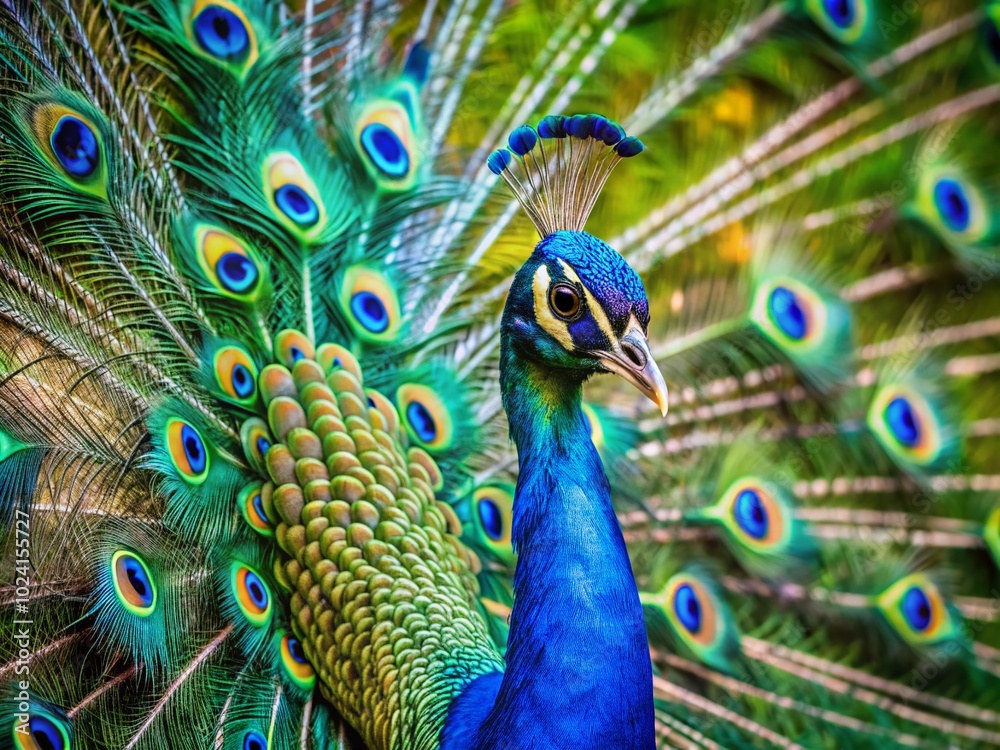 Obraz premium Stunning Peacock Displaying Vibrant Blue and Green Feathers in Nature's Splendor for Wildlife Photography Enthusiasts