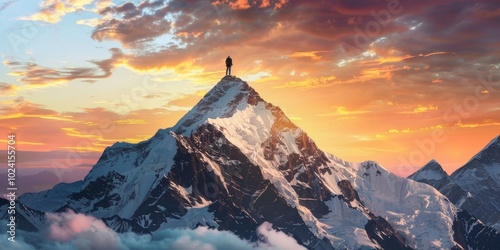 Artistic representation of success as a person standing on a mountain peak.