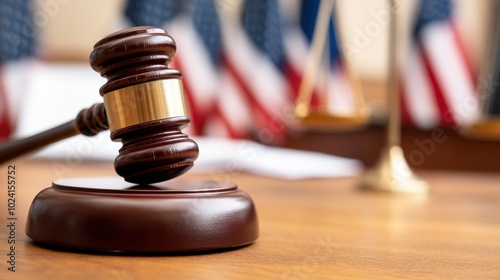 Gavel on wooden desk, symbolizing law and justice in a court setting.