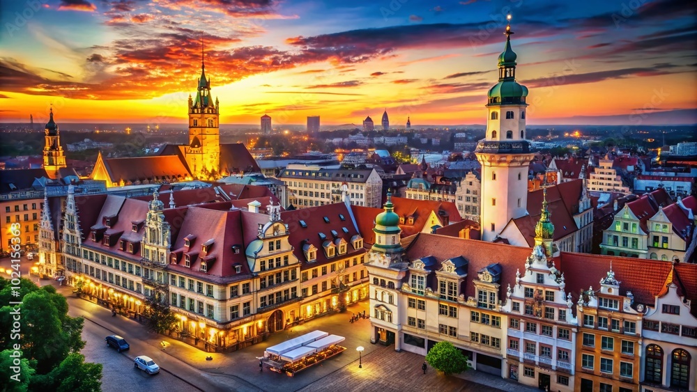 Obraz premium Stunning Sunlit Views of Leipzig Cityscape in Germany Showcasing Historic Architecture and Vibrant Urban Life