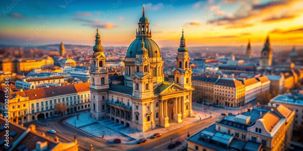 Obraz premium Stunning Tilt-Shift Photography of St. Stephen's Basilica in Budapest at Sunset with Warm Winter Colors