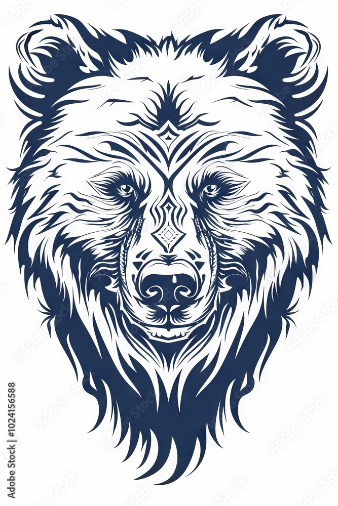 Bear head with tribal designs in simple line drawing.