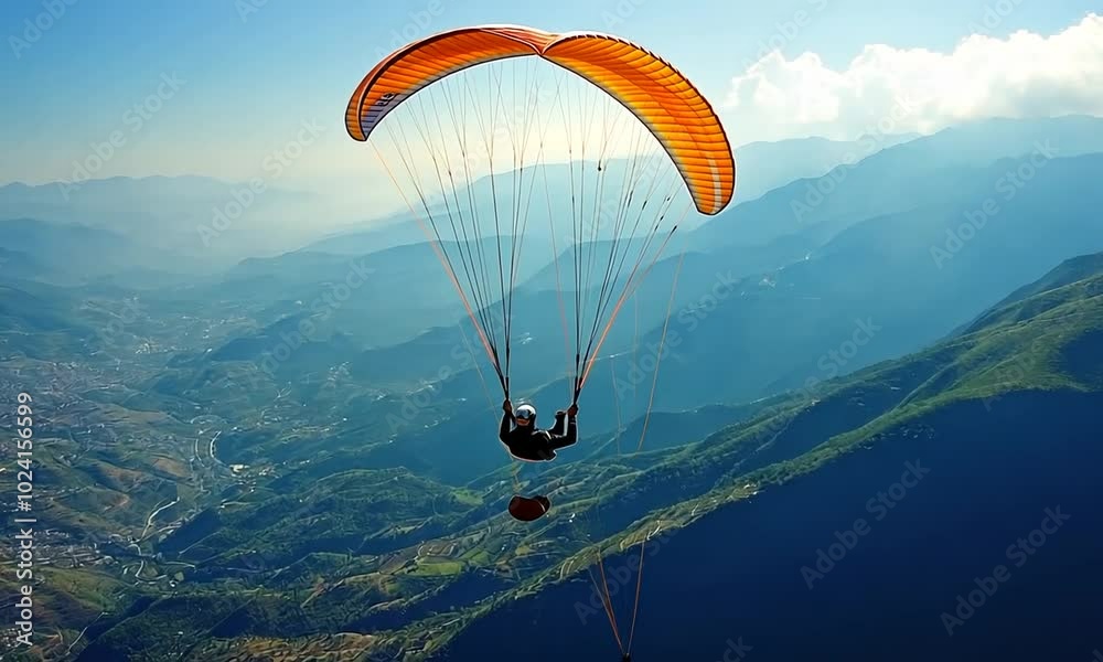 A man flies a paraglider over a green meadow on a mountain