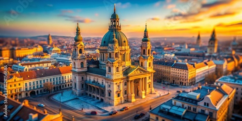 Stunning Tilt-Shift Photography of St. Stephen's Basilica in Budapest at Sunset with Warm Winter Colors