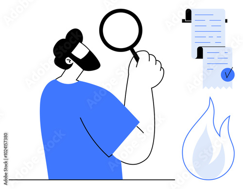A person holding a magnifying glass closely examines documents beside a burning paper icon. Ideal for audit, investigation, scrutiny, document review, risk management