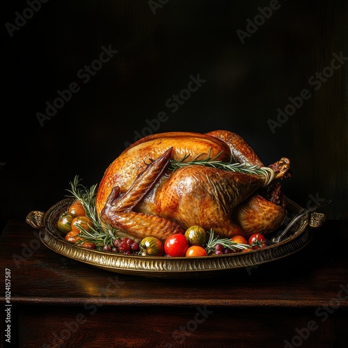 A beautifully roasted turkey is elegantly sitting on a large tray that is placed on a rustic wooden table, showcasing a delightful feast photo