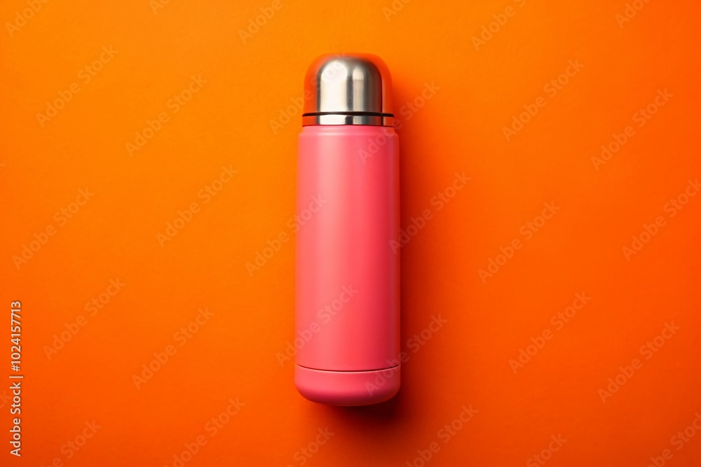 Stylish Pink Thermos Bottle on Vibrant Orange Coral Background for Trendy Lifestyle and Hydration Needs Stylish Pink Thermos Bottle on Vibrant Orange Coral Background for Trendy Lifestyle and Hydration Needs
