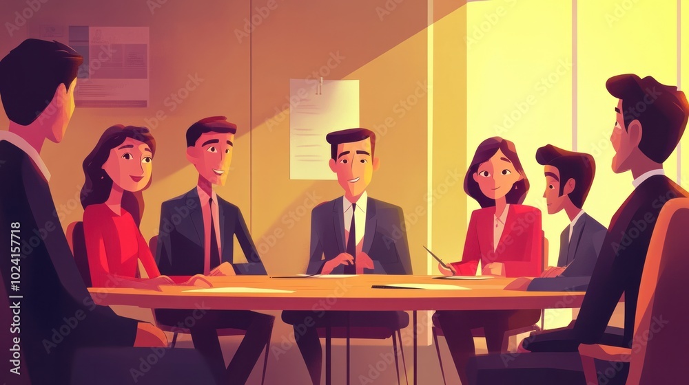 Business characters in a meeting, vector illustration with a focus on teamwork and strategic discussions Business characters in a meeting, vector illustration with a focus on teamwork and strategic discussions