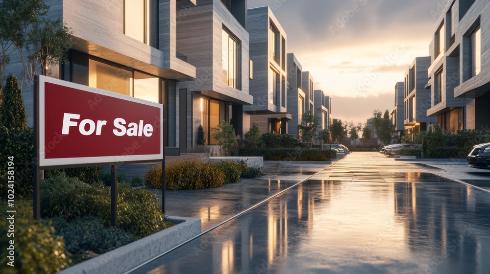Modern Row of Houses for Sale with Wet Pavement at Sunset Modern Row of Houses for Sale with Wet Pavement at Sunset