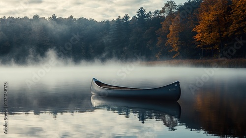 A misty lake in the early morning, with a lone canoe drifting peacefully across the calm waters photo