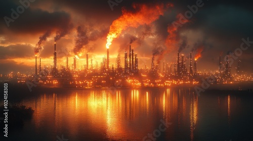 An industrial cityscape at sunset, with smoke and flames rising from factories and reflecting in the water.