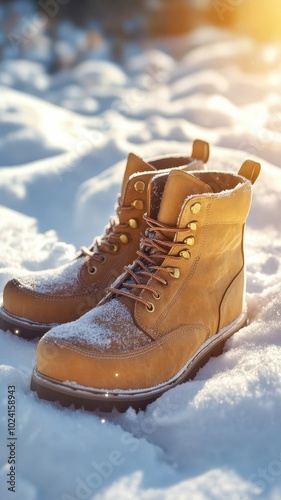 A Pair of light brown winter boots on the snow in a snowdrift under sunlight,Hiking Boot in winter season,fashion for sale,sparkling in the winter sun,Camping boot footwear,copy space.