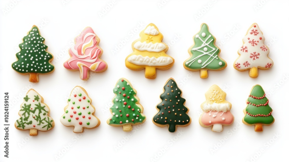 Colorful Christmas Tree Cookies on White Background. Colorful Christmas Tree Cookies on White Background.
