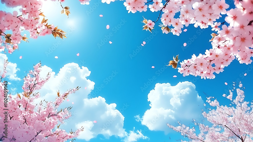 Cherry blossoms dot a bright blue sky with fluffy white clouds Cherry blossoms dot a bright blue sky with fluffy white clouds